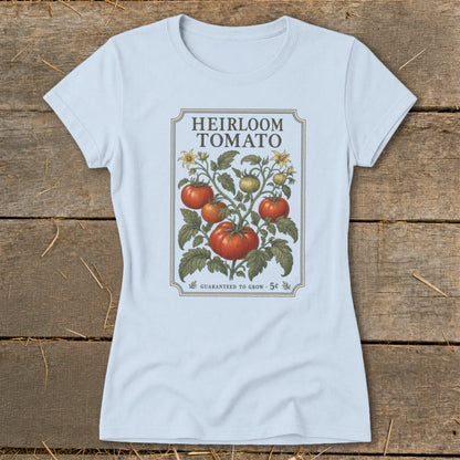Light blue t-shirt with a vintage heirloom tomato seed packet design.