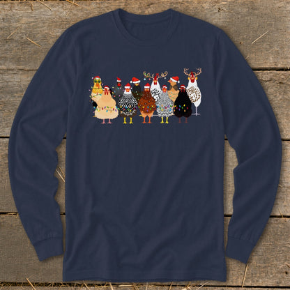 Group of chickens wearing Santa hats and Christmas lights on a navy long-sleeve shirt.