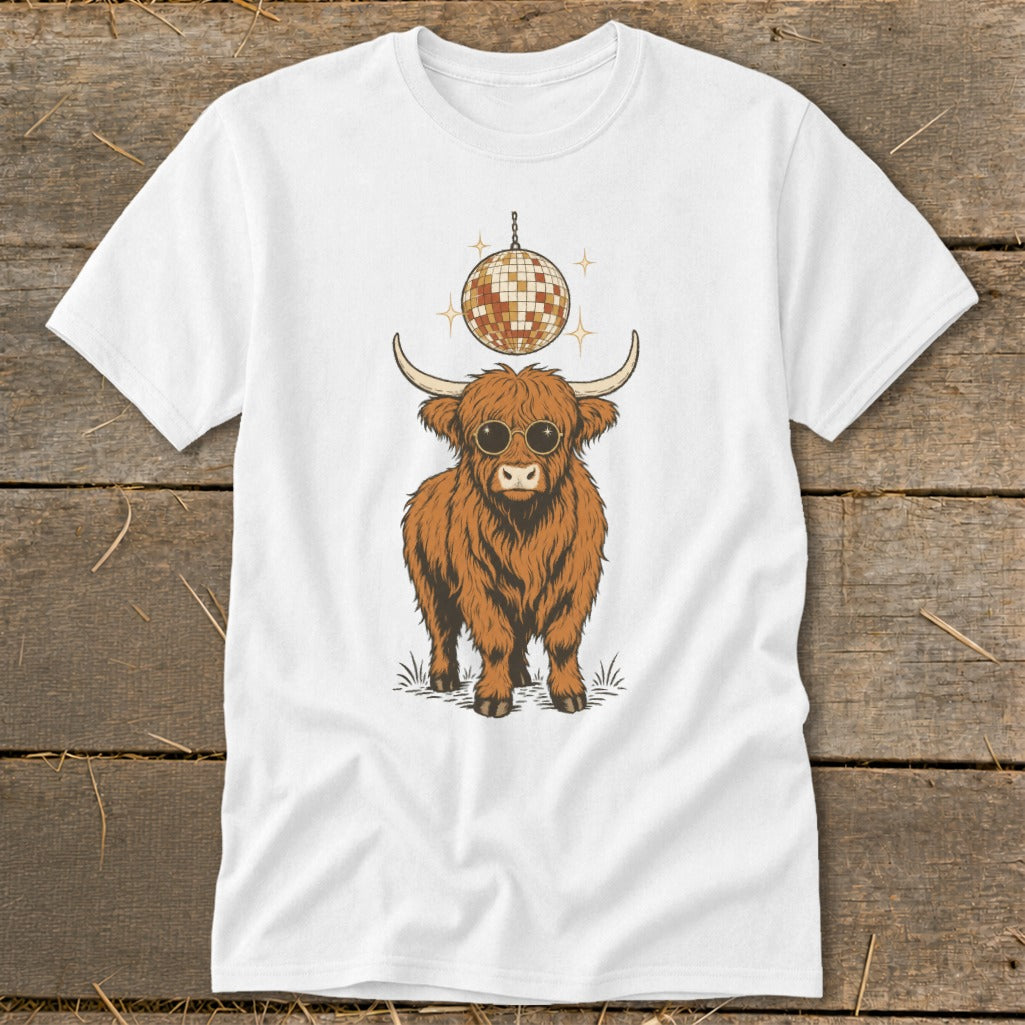 Highland cow with sunglasses and disco ball above on a white t-shirt.