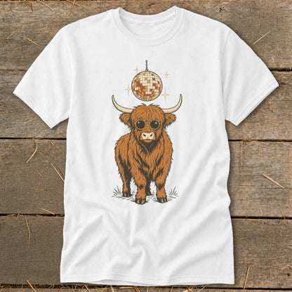 Highland cow with sunglasses and disco ball above on a white t-shirt.
