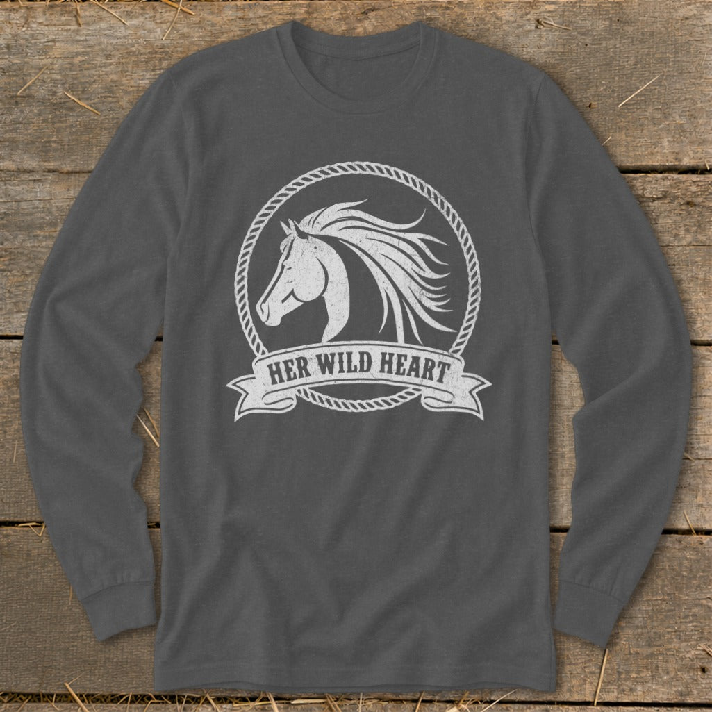 Grey long-sleeve shirt with white horse graphic and text "HER WILD HEART".