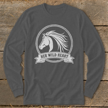 Grey long-sleeve shirt with white horse graphic and text "HER WILD HEART".