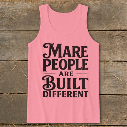 Pink tank top with black text: "Mare People Are Built Different"