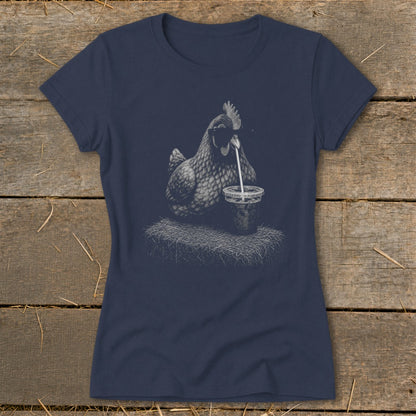 Chicken drinking from a cup with a straw, illustrated on a navy t-shirt.