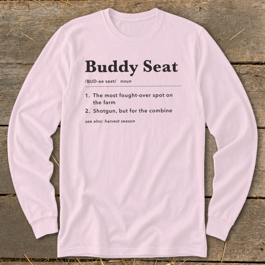 Pink long-sleeve shirt with "Buddy Seat" definition printed on the front.