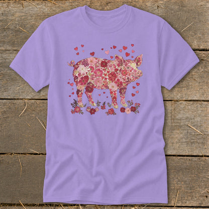Lavender t-shirt with a floral pig graphic surrounded by hearts and flowers.