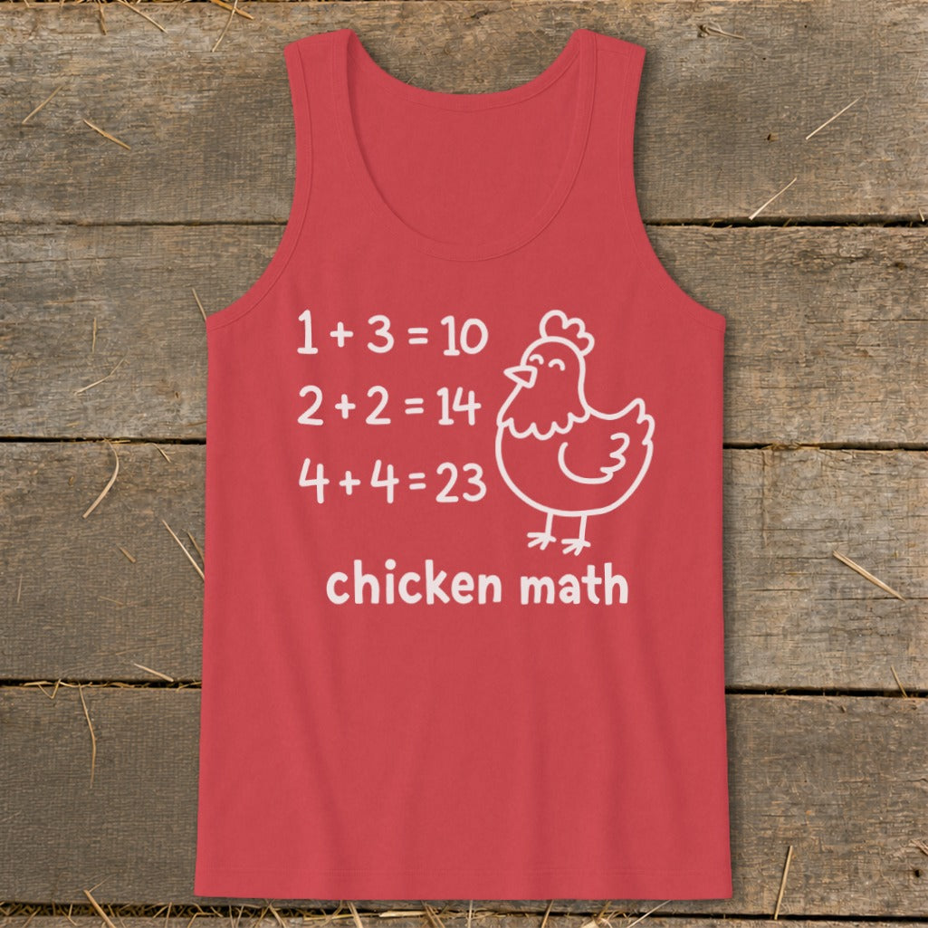 Red tank top with "chicken math" and incorrect equations with a chicken illustration.