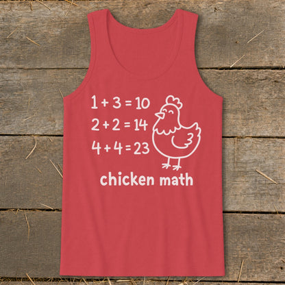 Red tank top with "chicken math" and incorrect equations with a chicken illustration.
