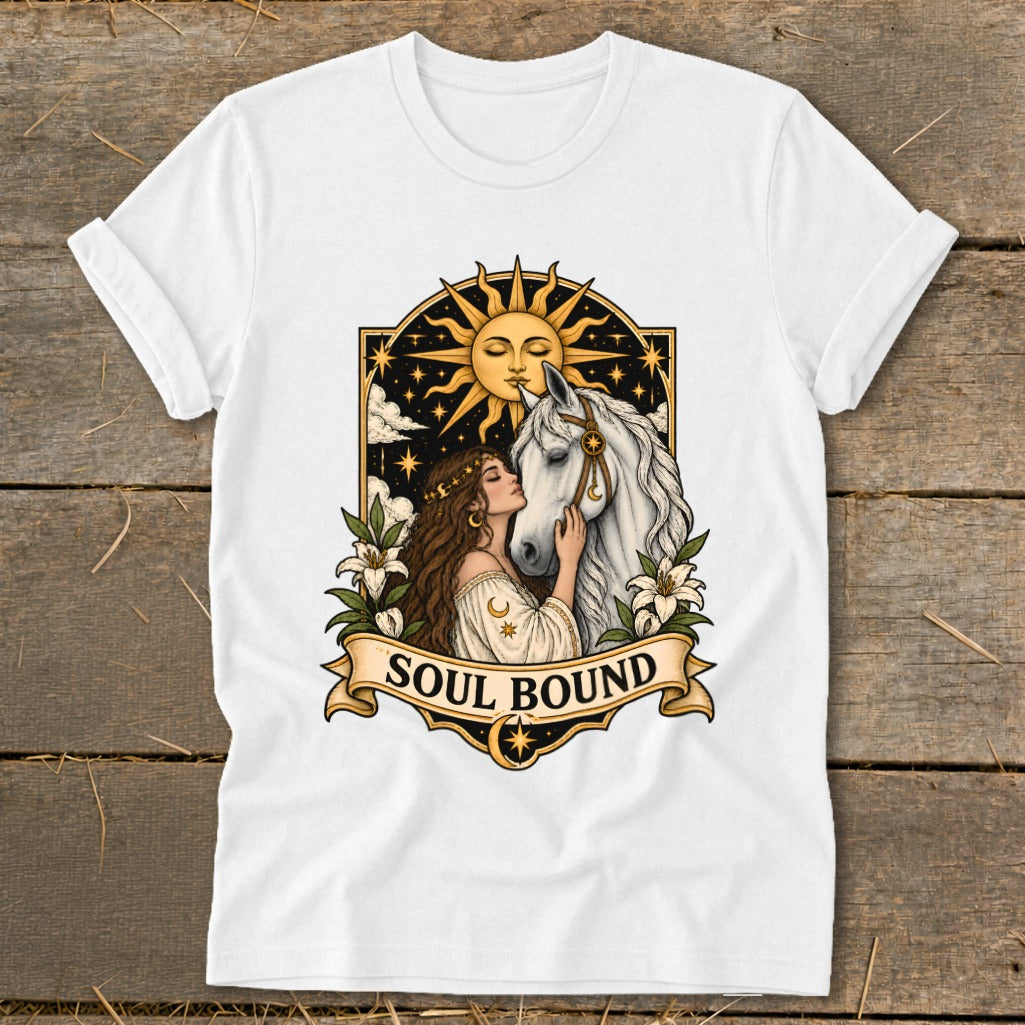 White t-shirt with "Soul Bound" graphic of woman embracing white horse under sun.