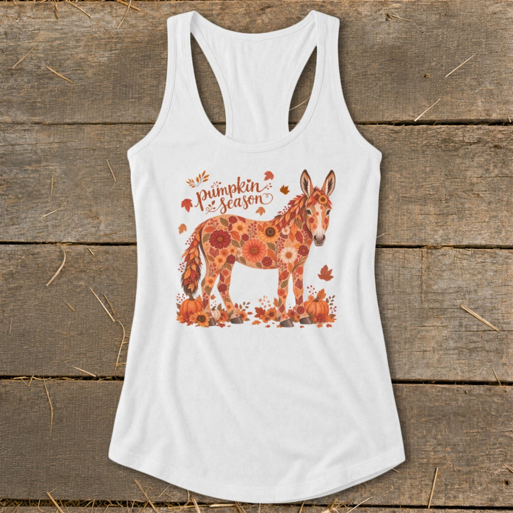 White tank top featuring a floral donkey and "Pumpkin Season" text with pumpkins and leaves.