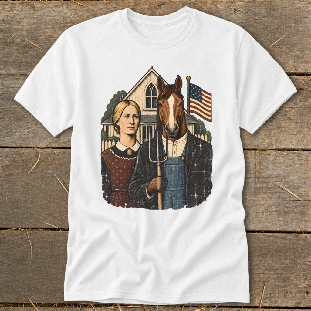 White t-shirt featuring an American Gothic parody graphic with a woman and a horse holding a pitchfork.