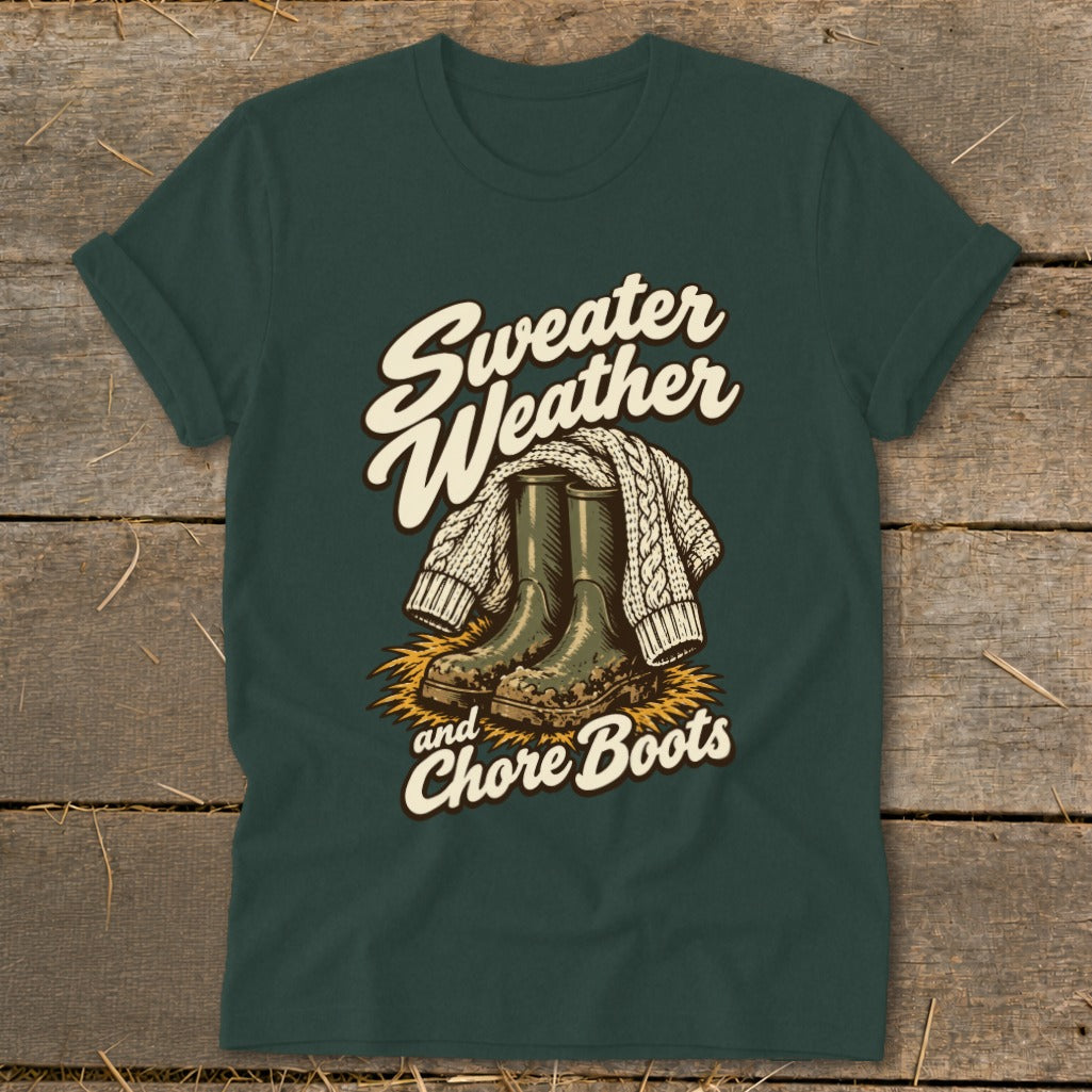 Green t-shirt graphic: sweater weather and chore boots with boots and knit sweater.