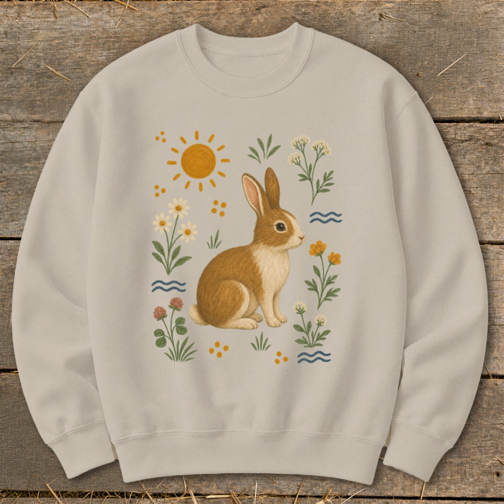 Light tan crewneck sweatshirt with a brown rabbit and floral design.