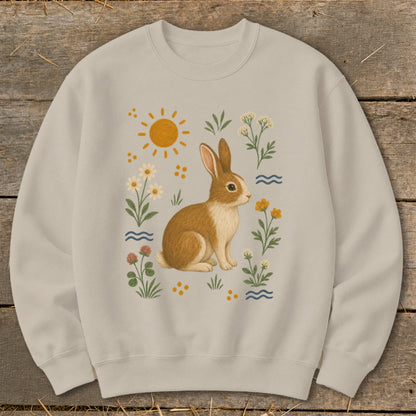 Light tan crewneck sweatshirt with a brown rabbit and floral design.