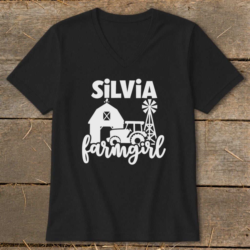 Black v-neck shirt with "Silvia farmgirl" text and farm graphics.