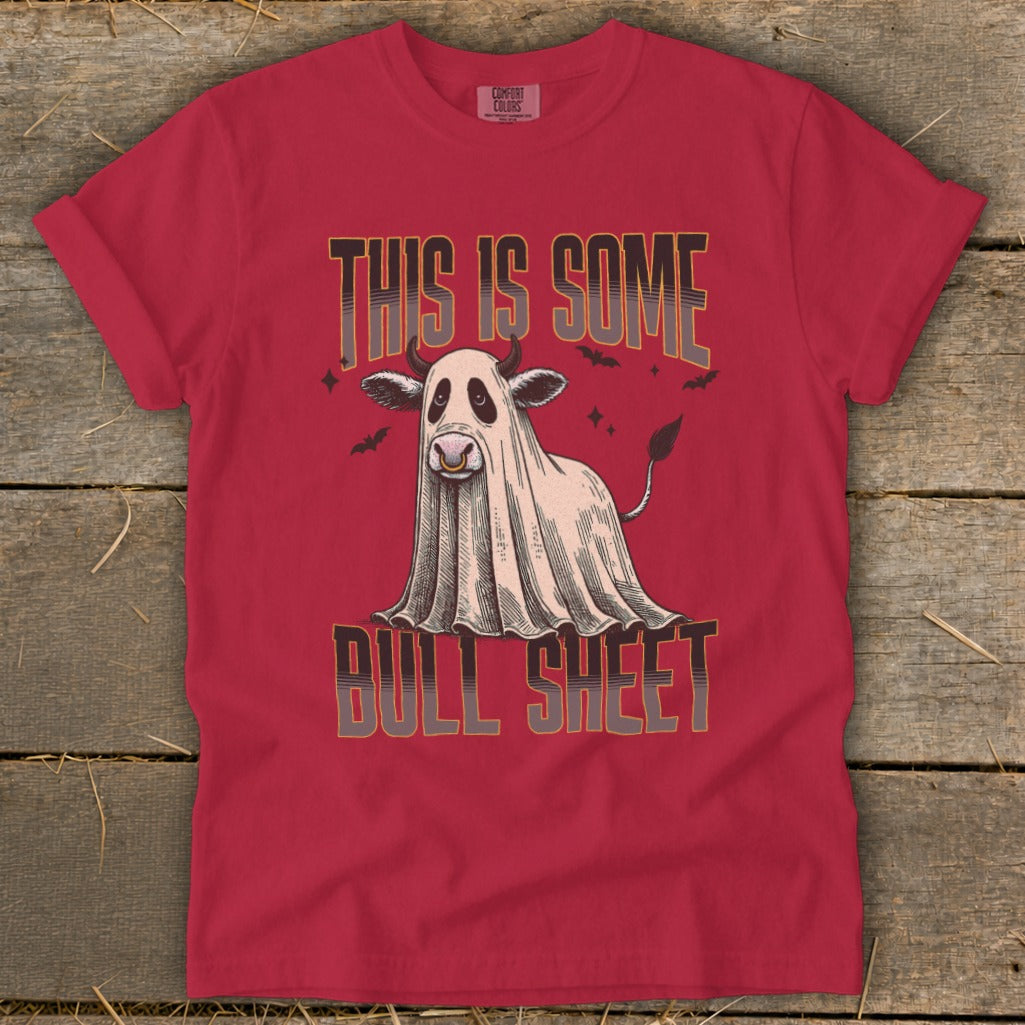 Red t-shirt with "THIS IS SOME BULL SHEET" graphic and cow ghost.