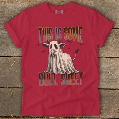 Red t-shirt with "THIS IS SOME BULL SHEET" graphic and cow ghost.