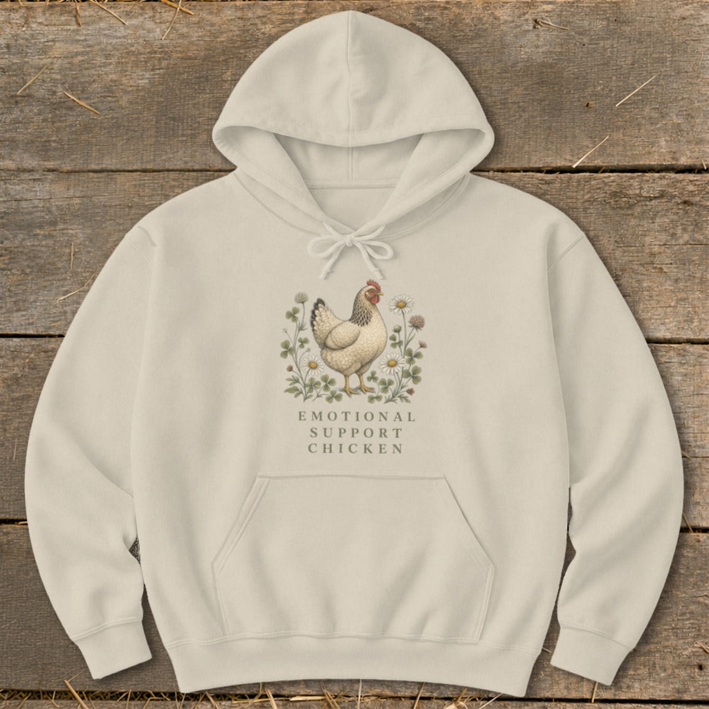 Cream hoodie with a chicken illustration and text that reads "Emotional Support Chicken".