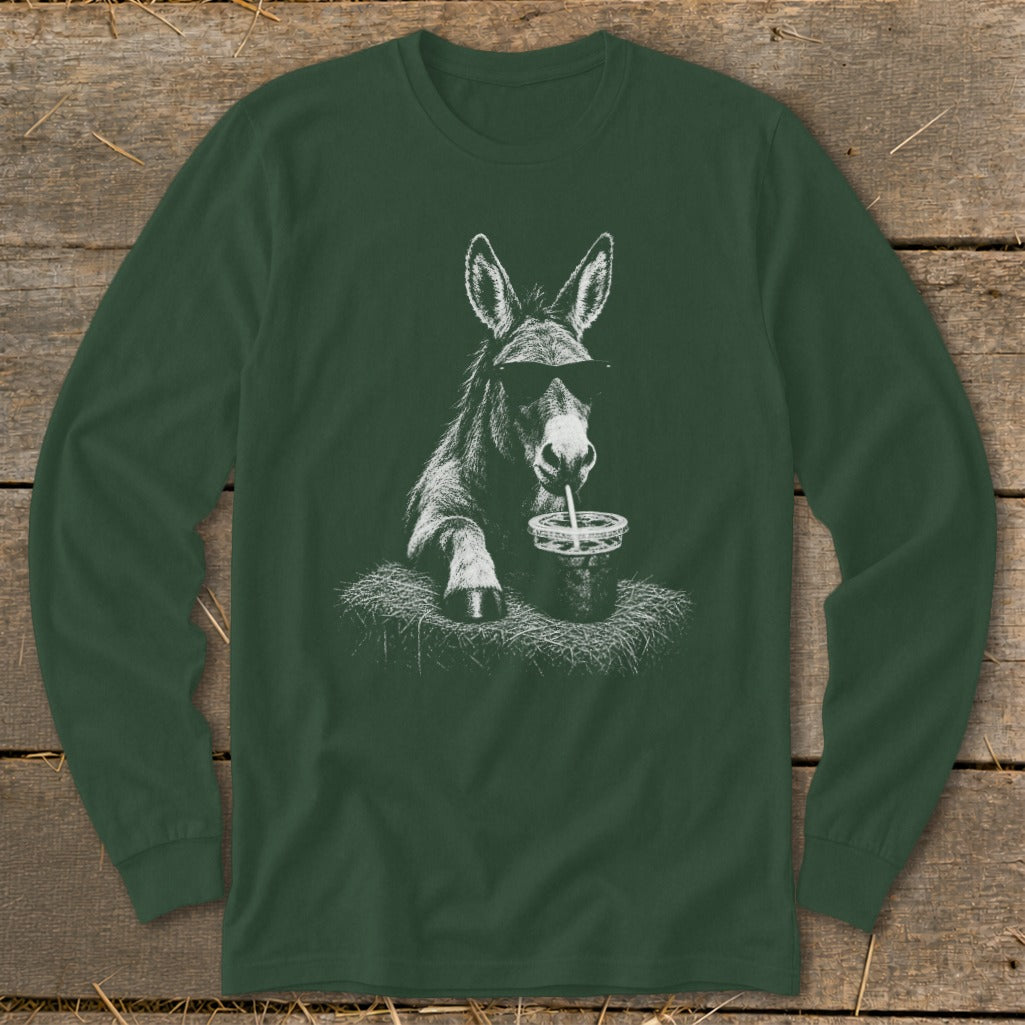Donkey wearing sunglasses and drinking from a cup with a straw, printed on a dark green shirt.