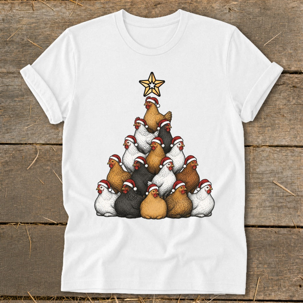 Christmas tree formation of chickens wearing Santa hats, topped with a star.