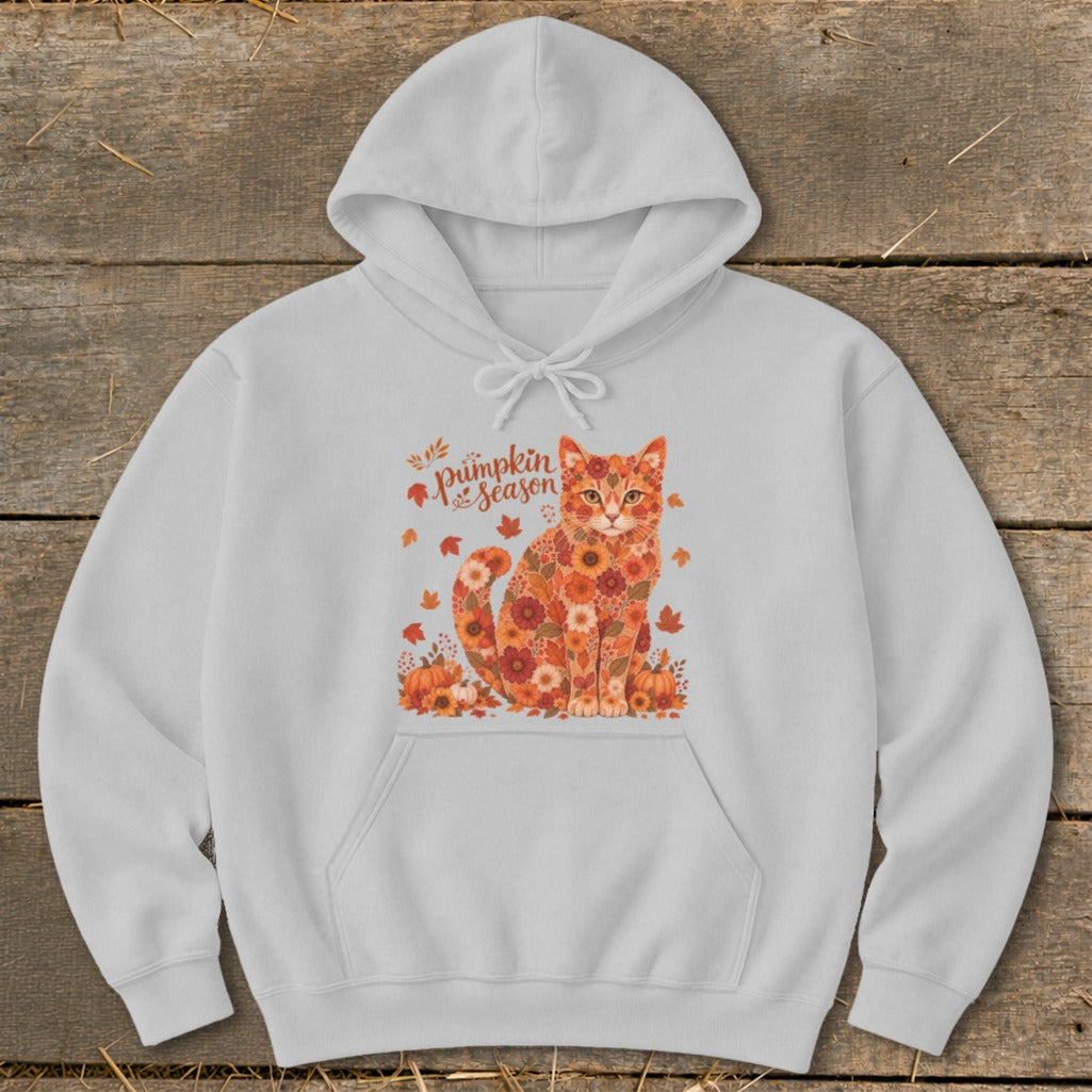 White hoodie with a floral cat graphic and "Pumpkin Season" text.