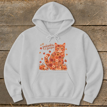 White hoodie with a floral cat graphic and "Pumpkin Season" text.