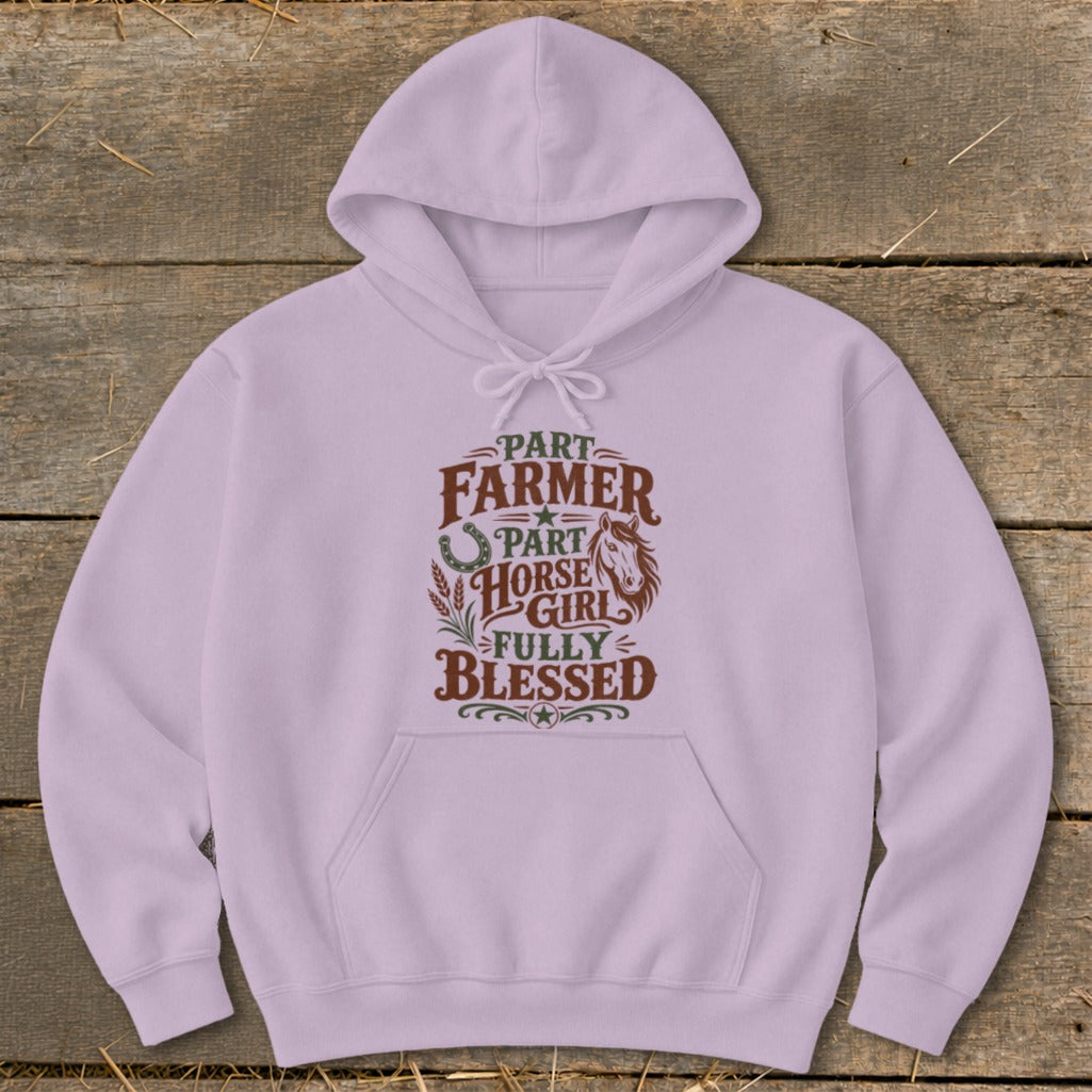 Light purple hoodie with "Part Farmer, Part Horse Girl, Fully Blessed" text and graphics.