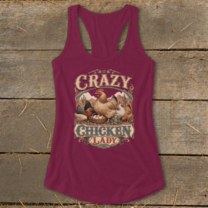 Burgundy tank top with "Crazy Chicken Lady" graphic featuring chickens and eggs.