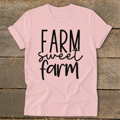 Pink t-shirt with black text reading "FARM sweet farm"