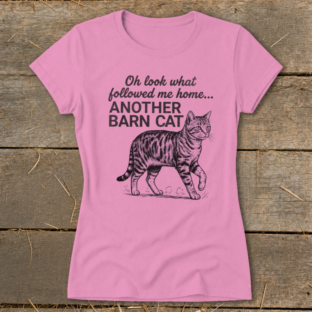 Pink t-shirt with black sketch of cat and text "Another Barn Cat."