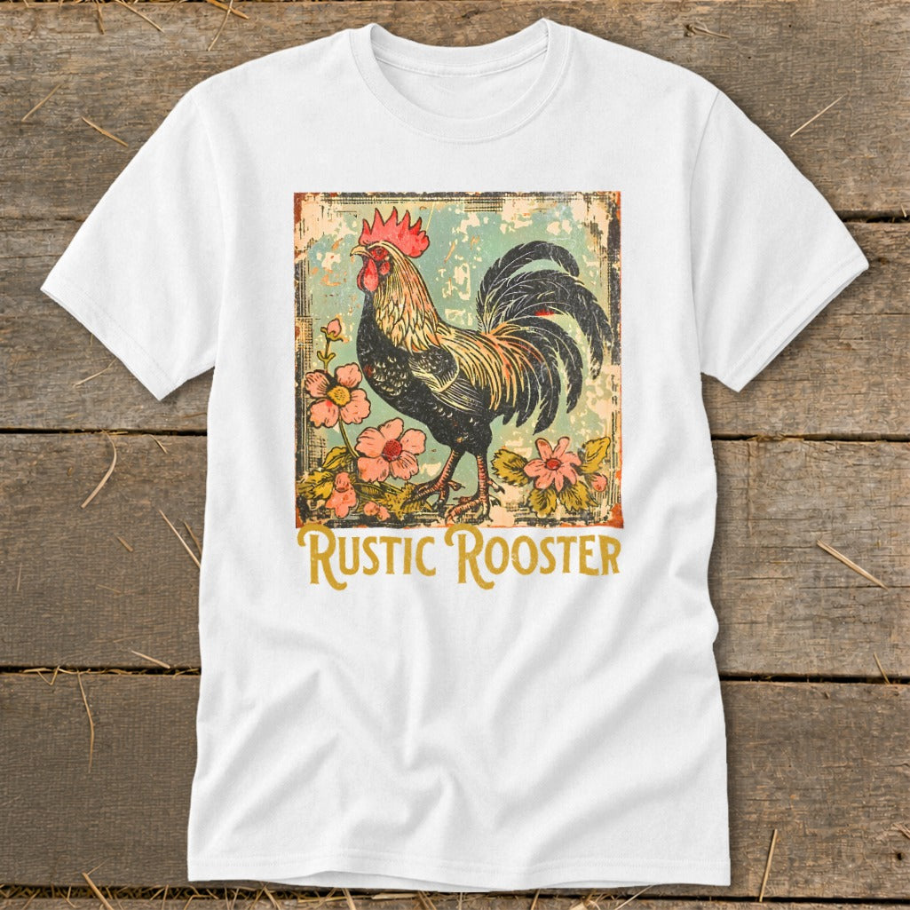 White t-shirt with a distressed illustration of a rooster and flowers, text reads "Rustic Rooster".