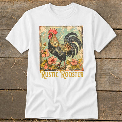 White t-shirt with a distressed illustration of a rooster and flowers, text reads "Rustic Rooster".