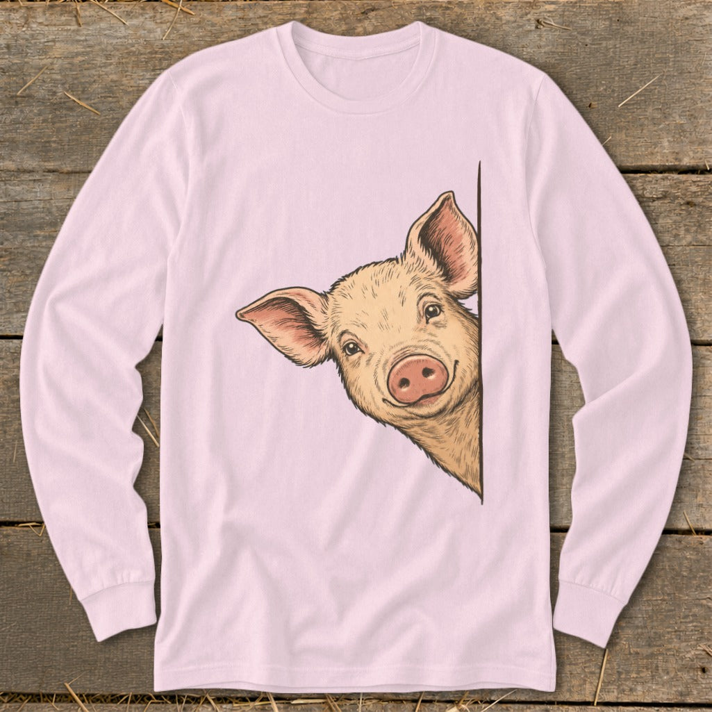 Long-sleeved pink shirt with a drawing of a pig peeking from the side.