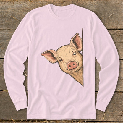 Long-sleeved pink shirt with a drawing of a pig peeking from the side.