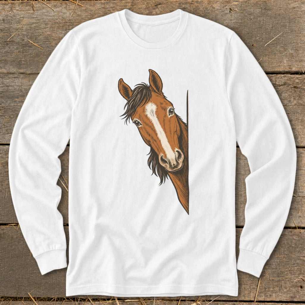White long sleeve t-shirt with illustration of a peeking brown horse.