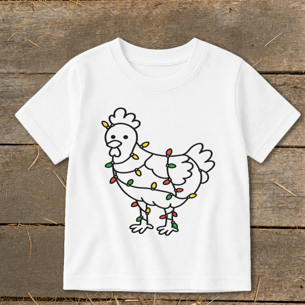 White t-shirt with line drawing of chicken wrapped in colorful Christmas lights.