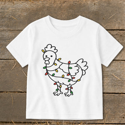 White t-shirt with line drawing of chicken wrapped in colorful Christmas lights.