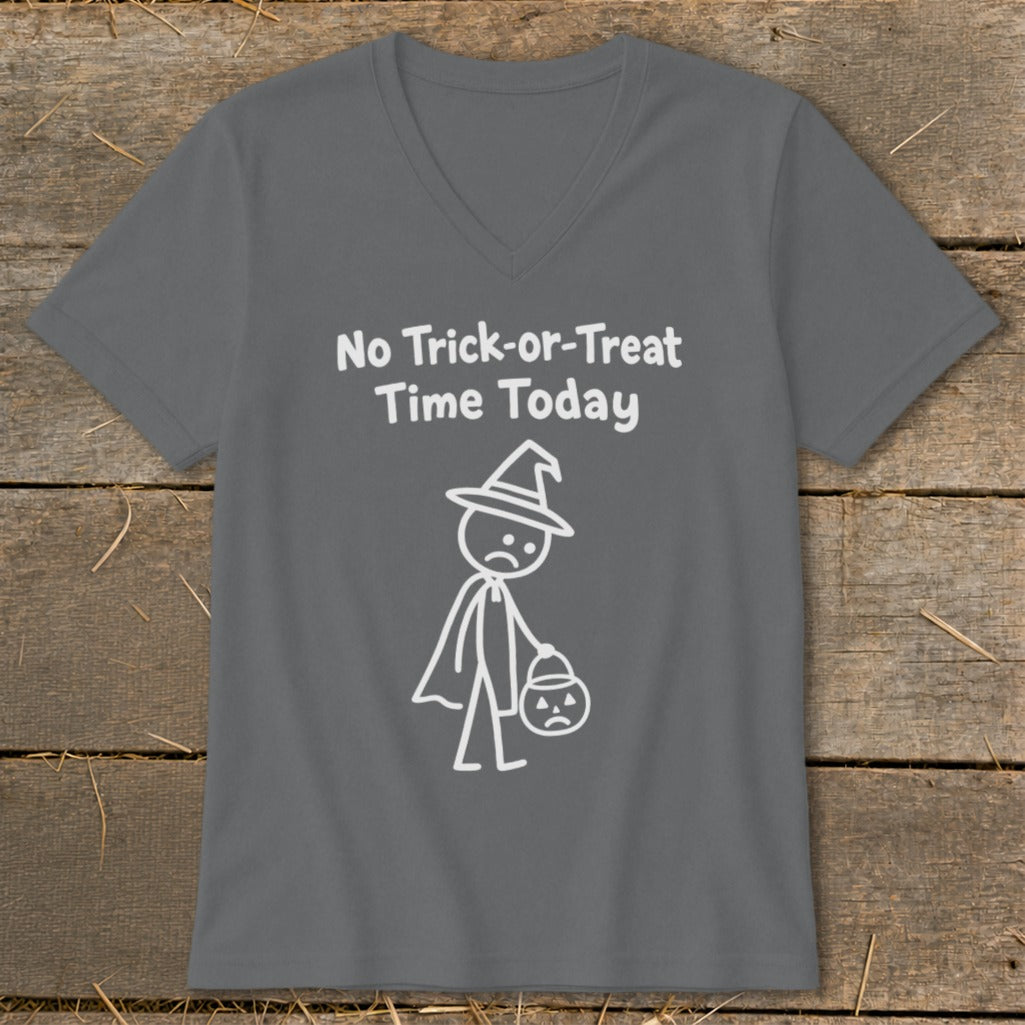 Grey v-neck t-shirt with white text and a sad stick figure carrying a pumpkin.