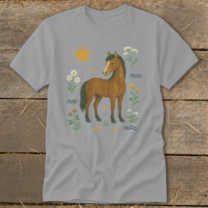 Gray t-shirt with a brown horse, sun, and wildflowers graphic.