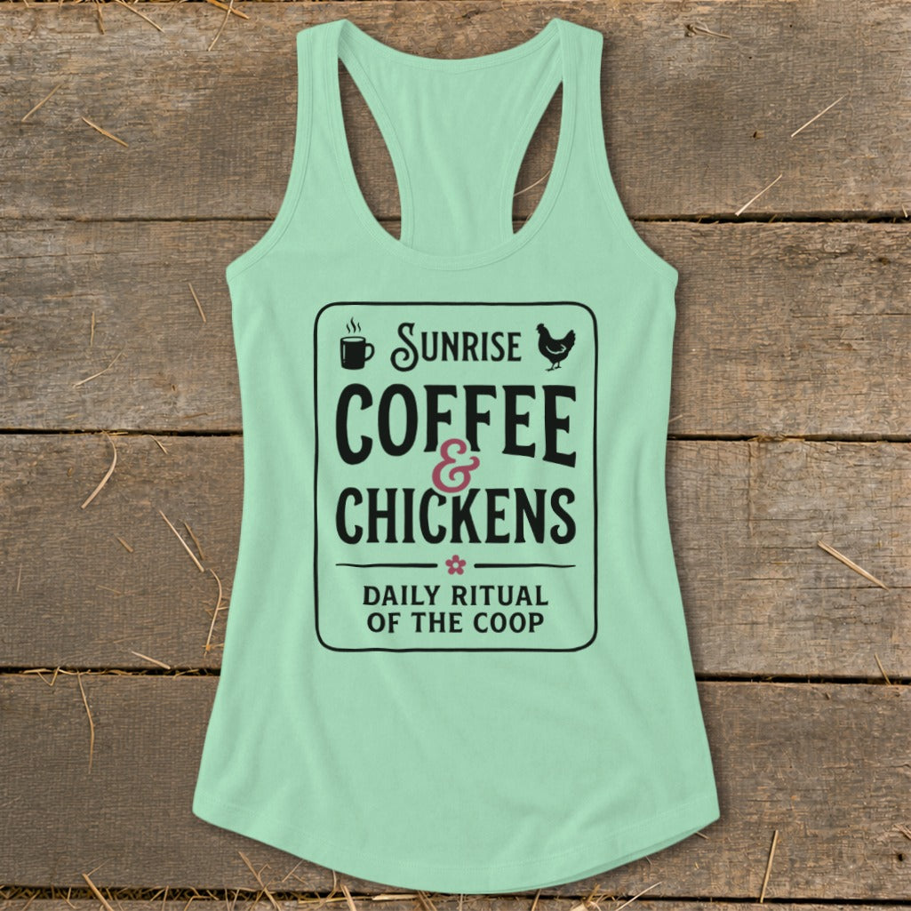 Light green tank top with "Sunrise Coffee & Chickens Daily Ritual of the Coop" text.