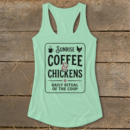 Light green tank top with "Sunrise Coffee & Chickens Daily Ritual of the Coop" text.