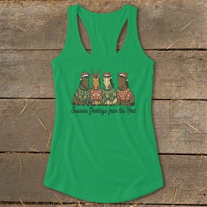 Green tank top with four horses in Santa hats and sweaters, saying "Seasons Greetings from the Herd."