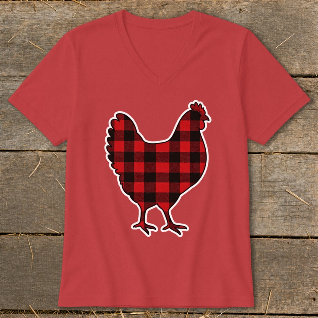 Red v-neck t-shirt with a black and red buffalo plaid chicken graphic.
