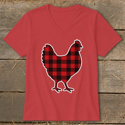 Red v-neck t-shirt with a black and red buffalo plaid chicken graphic.