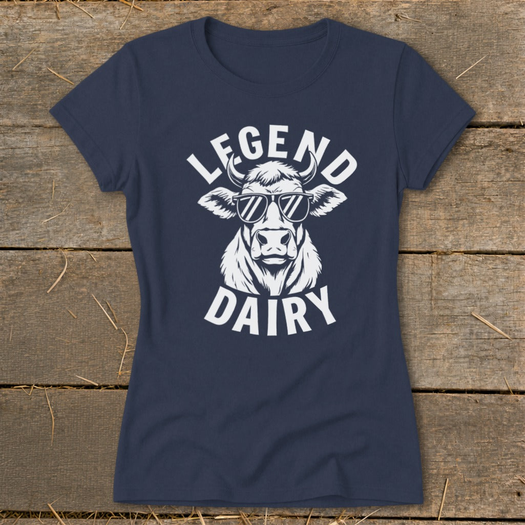 Navy t-shirt with white graphic of cow wearing sunglasses, text "LEGEND DAIRY".
