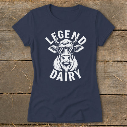 Navy t-shirt with white graphic of cow wearing sunglasses, text "LEGEND DAIRY".