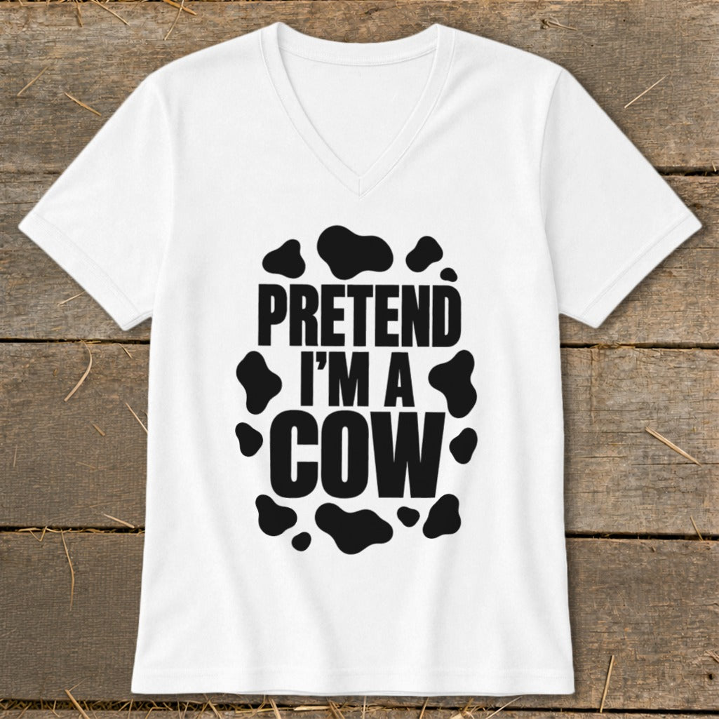White v-neck t-shirt with "PRETEND I'M A COW" text and cow spots.