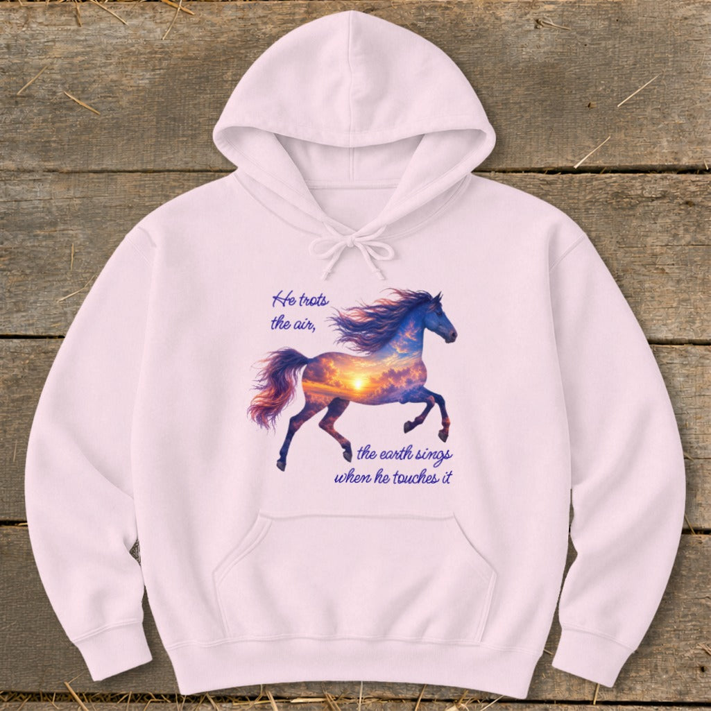 Light pink hoodie featuring a graphic of a galloping horse with a sunset sky silhouette and text.