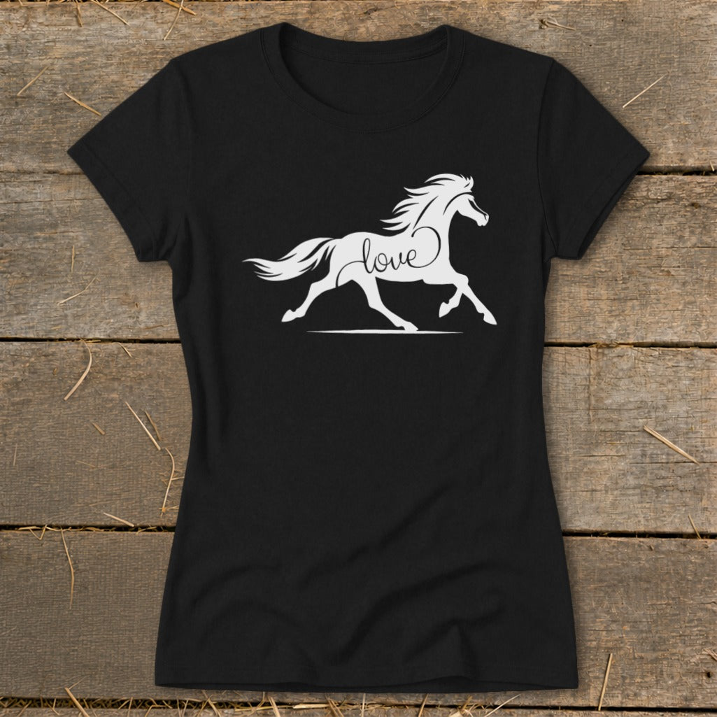 Black t-shirt with a white silhouette of a running horse and the word "love".