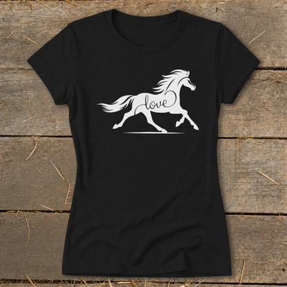 Black t-shirt with a white silhouette of a running horse and the word "love".
